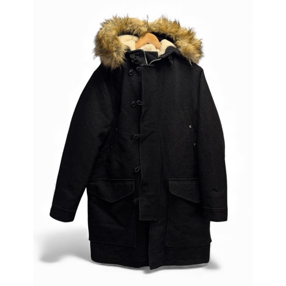 Wallace & Barnes J. Crew Mens Medium Black Fur Hooded Military Parka Coat Jacket